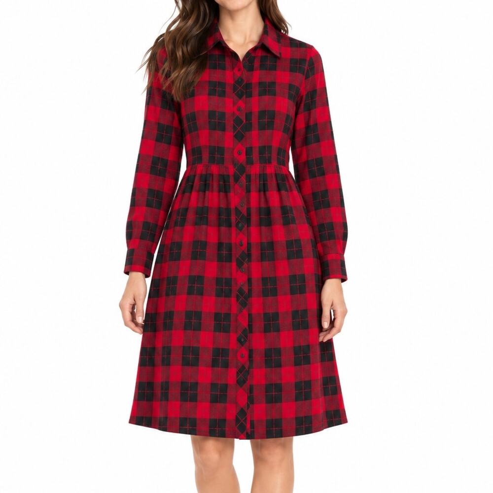 ModCloth Red Black Buffalo Plaid Button Front Dress Size 2